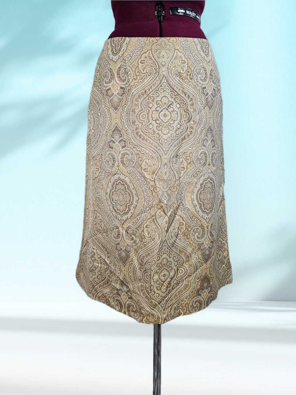 Talbots Beige Paisley Jacquard A-line Midi Skirt Subtle Metalic Gold Detail